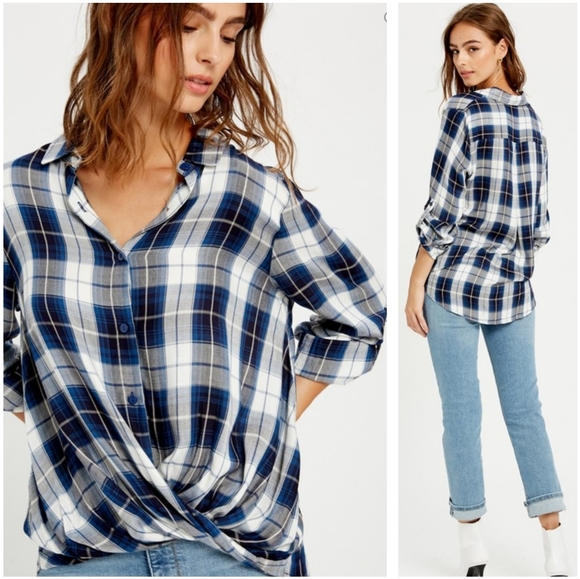 Plaid twist front button down tops - Picture 2 of 2